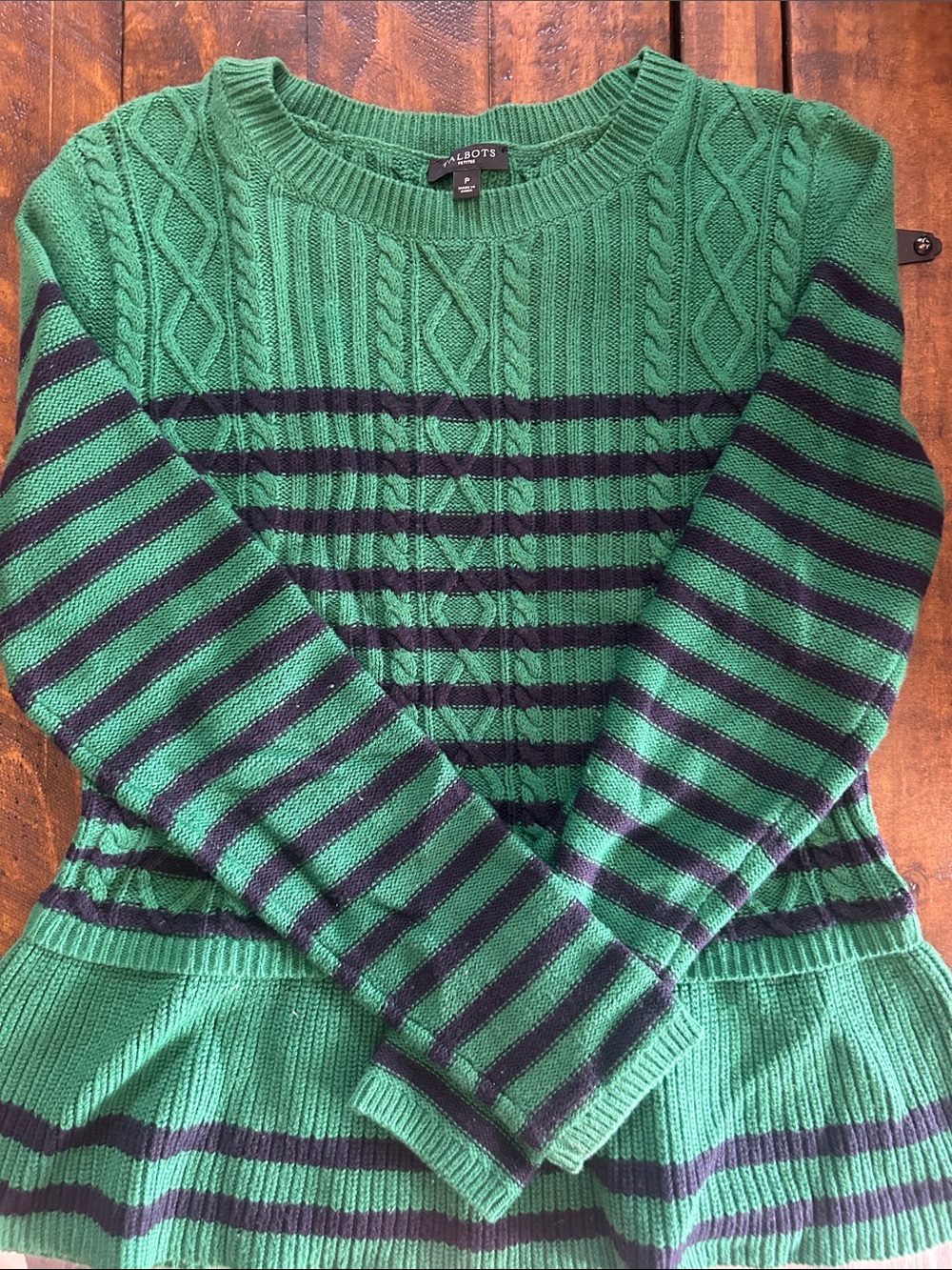 Talbots Green and Navy Striped Cable Crew Sweater
